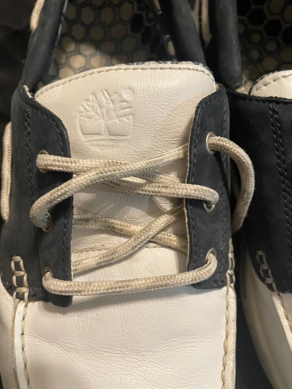 Timberland Two-Tone White and Navy Leather Boat Shoes